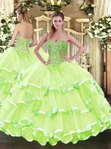 Delicate Floor Length Lace Up Ball Gown Prom Dress Yellow Green for Military Ball and Sweet 16 and Quinceanera with Beading and Ruffled Layers