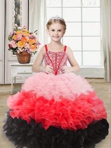 Pretty Sleeveless Floor Length Beading and Ruffles Lace Up Little Girl Pageant Gowns with Multi-color