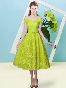 Olive Green Lace Up Court Dresses for Sweet 16 Bowknot Cap Sleeves Tea Length