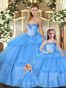 Spectacular Sleeveless Floor Length Beading and Ruffled Layers Lace Up Quinceanera Gowns with Baby Blue