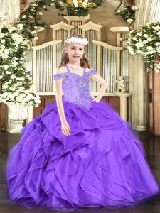 Adorable Floor Length Ball Gowns Sleeveless Lavender Kids Pageant Dress Lace Up