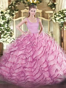 Dramatic Ball Gowns Sleeveless Rose Pink Sweet 16 Dress Brush Train Zipper