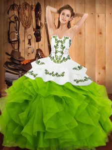 Luxurious Strapless Sleeveless Ball Gown Prom Dress Floor Length Embroidery and Ruffles Satin and Organza