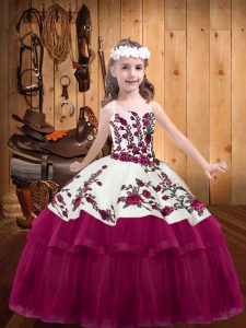 Enchanting Fuchsia Ball Gowns Straps Sleeveless Organza Floor Length Lace Up Embroidery Little Girls Pageant Dress
