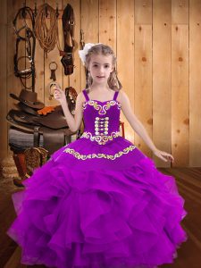Purple Lace Up Little Girls Pageant Gowns Embroidery and Ruffles Sleeveless Floor Length