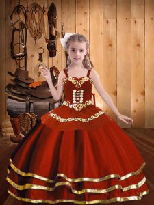 Dramatic Straps Sleeveless Kids Formal Wear Floor Length Embroidery and Ruffles Rust Red Organza