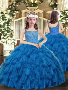 New Arrival Floor Length Blue Girls Pageant Dresses Straps Sleeveless Lace Up
