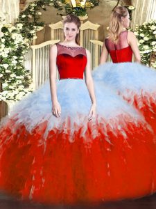 Best Selling Sleeveless Floor Length Ruffles Zipper Quince Ball Gowns with White And Red