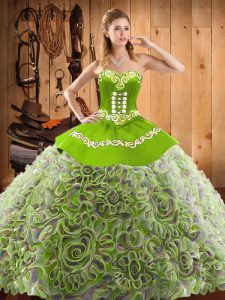 Super Multi-color Ball Gowns Embroidery 15th Birthday Dress Lace Up Satin and Fabric With Rolling Flowers Sleeveless With Train