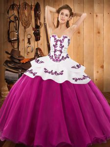 Fantastic Embroidery 15th Birthday Dress Fuchsia Lace Up Sleeveless Floor Length