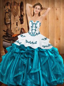 Embroidery and Ruffles Quinceanera Gowns Teal Lace Up Sleeveless Floor Length