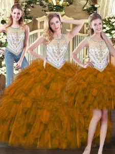 Ball Gowns 15 Quinceanera Dress Brown Scoop Organza Sleeveless Floor Length Zipper