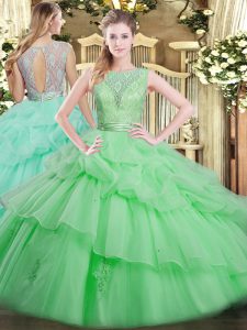 Fitting Tulle Sleeveless Floor Length Sweet 16 Quinceanera Dress and Beading and Ruffled Layers