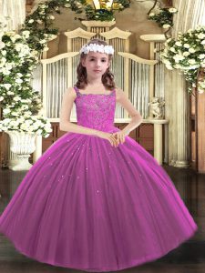 Modern Tulle Straps Sleeveless Lace Up Beading Custom Made Pageant Dress in Purple