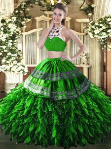 Green Quinceanera Gowns Military Ball and Sweet 16 and Quinceanera with Beading and Ruffles High-neck Sleeveless Backless