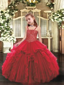 Fashion Organza Straps Sleeveless Lace Up Beading and Ruffles Little Girl Pageant Dress in Red