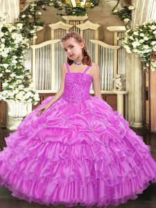 Nice Lilac Sleeveless Beading and Ruffled Layers and Pick Ups Floor Length Little Girls Pageant Dress