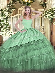 Green Ball Gowns Embroidery and Ruffled Layers Quinceanera Gowns Zipper Organza Sleeveless Floor Length