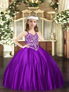Wonderful Purple Little Girls Pageant Dress Wholesale Party and Quinceanera with Beading Straps Sleeveless Lace Up