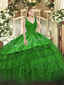V-neck Sleeveless 15 Quinceanera Dress Floor Length Beading and Lace and Embroidery and Ruffled Layers Green Organza and Taffeta