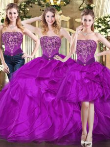 Elegant Fuchsia Ball Gowns Beading and Ruffles Vestidos de Quinceanera Lace Up Tulle Sleeveless Floor Length
