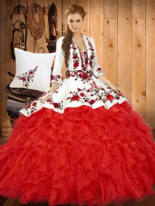 Inexpensive Red Tulle Lace Up Quince Ball Gowns Sleeveless Floor Length Embroidery and Ruffles