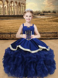 Unique Sleeveless Organza Floor Length Lace Up Little Girl Pageant Gowns in Blue with Beading and Ruffles