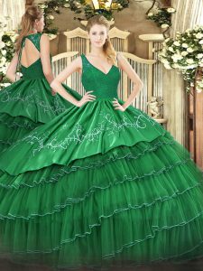 Hot Selling Dark Green Backless V-neck Beading and Lace and Embroidery and Ruffled Layers Sweet 16 Dress Organza and Taffeta Sleeveless