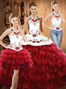 Custom Designed Wine Red Ball Gowns Halter Top Sleeveless Organza Floor Length Lace Up Embroidery and Ruffled Layers Quinceanera Dresses