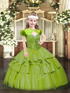 High Quality Beading and Ruffled Layers Little Girls Pageant Dress Wholesale Olive Green Lace Up Sleeveless Floor Length