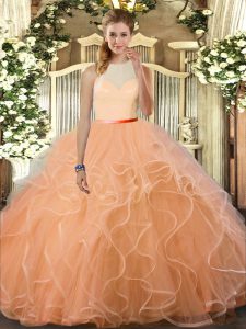 Custom Designed Peach Ball Gowns Ruffles Quince Ball Gowns Backless Tulle Sleeveless Floor Length
