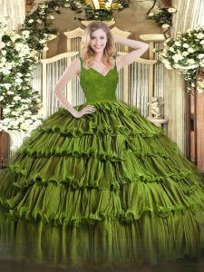 Fitting Olive Green Zipper Quinceanera Dress Beading and Ruffled Layers Sleeveless Floor Length