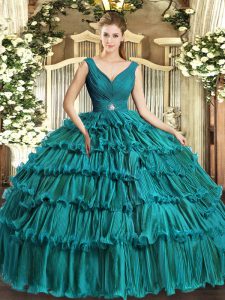 Floor Length Teal Ball Gown Prom Dress Organza Sleeveless Beading and Ruffled Layers