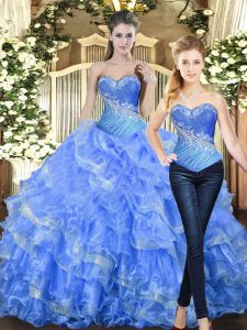 Sleeveless Floor Length Beading and Ruffles Lace Up Quince Ball Gowns with Baby Blue
