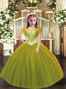 Floor Length Lace Up Little Girl Pageant Gowns Olive Green for Sweet 16 and Quinceanera with Beading