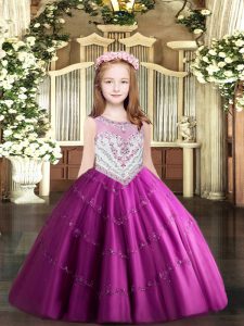 Tulle Scoop Sleeveless Zipper Beading and Appliques Little Girl Pageant Dress in Fuchsia