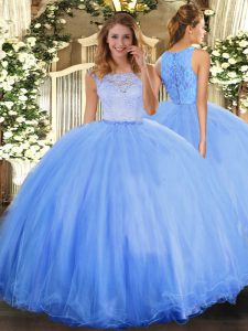 Baby Blue Ball Gowns Scoop Sleeveless Tulle Floor Length Clasp Handle Lace Quinceanera Gown