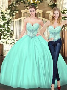 Apple Green Two Pieces Sweetheart Sleeveless Tulle Floor Length Lace Up Beading Sweet 16 Quinceanera Dress