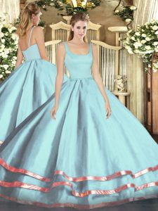Simple Light Blue Zipper Straps Ruffled Layers 15 Quinceanera Dress Tulle Sleeveless