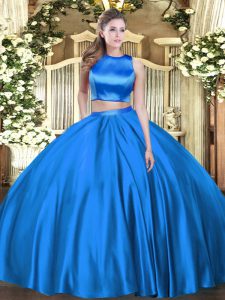 Two Pieces Ball Gown Prom Dress Blue High-neck Tulle Sleeveless Floor Length Criss Cross