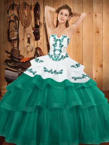 Turquoise Ball Gowns Strapless Sleeveless Tulle Sweep Train Lace Up Embroidery and Ruffled Layers 15th Birthday Dress