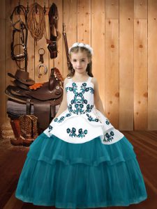 Enchanting Teal Lace Up Straps Embroidery Child Pageant Dress Tulle Sleeveless