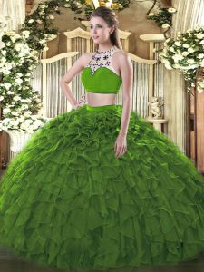 Adorable Dark Green Sleeveless Floor Length Beading and Ruffles Backless Quinceanera Dresses