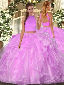 Superior Floor Length Backless Quince Ball Gowns Lilac for Military Ball and Sweet 16 and Quinceanera with Beading and Ruffles