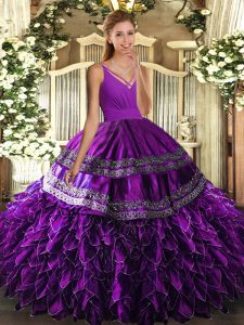Organza V-neck Sleeveless Backless Ruffles Quince Ball Gowns in Purple