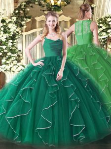 Decent Peacock Green Ball Gowns Straps Sleeveless Organza Floor Length Zipper Ruffles 15th Birthday Dress