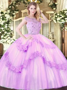 Shining Lilac Ball Gowns Beading and Appliques Sweet 16 Dresses Zipper Tulle Sleeveless Floor Length