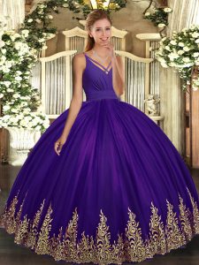 Discount Eggplant Purple Tulle Backless V-neck Sleeveless Floor Length Quinceanera Dresses Appliques