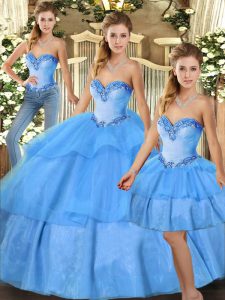 Stunning Baby Blue Ball Gowns Organza Sweetheart Sleeveless Beading and Ruffled Layers Floor Length Lace Up Sweet 16 Quinceanera Dress