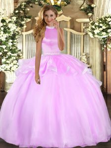 Great Floor Length Backless Ball Gown Prom Dress Lilac for Military Ball and Sweet 16 and Quinceanera with Beading and Ruffles